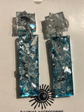 Blue and silver glass square dangle earrings