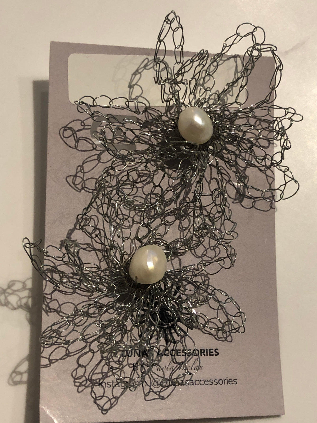 Silver Wire Crochet Flower Pearl Earrings
