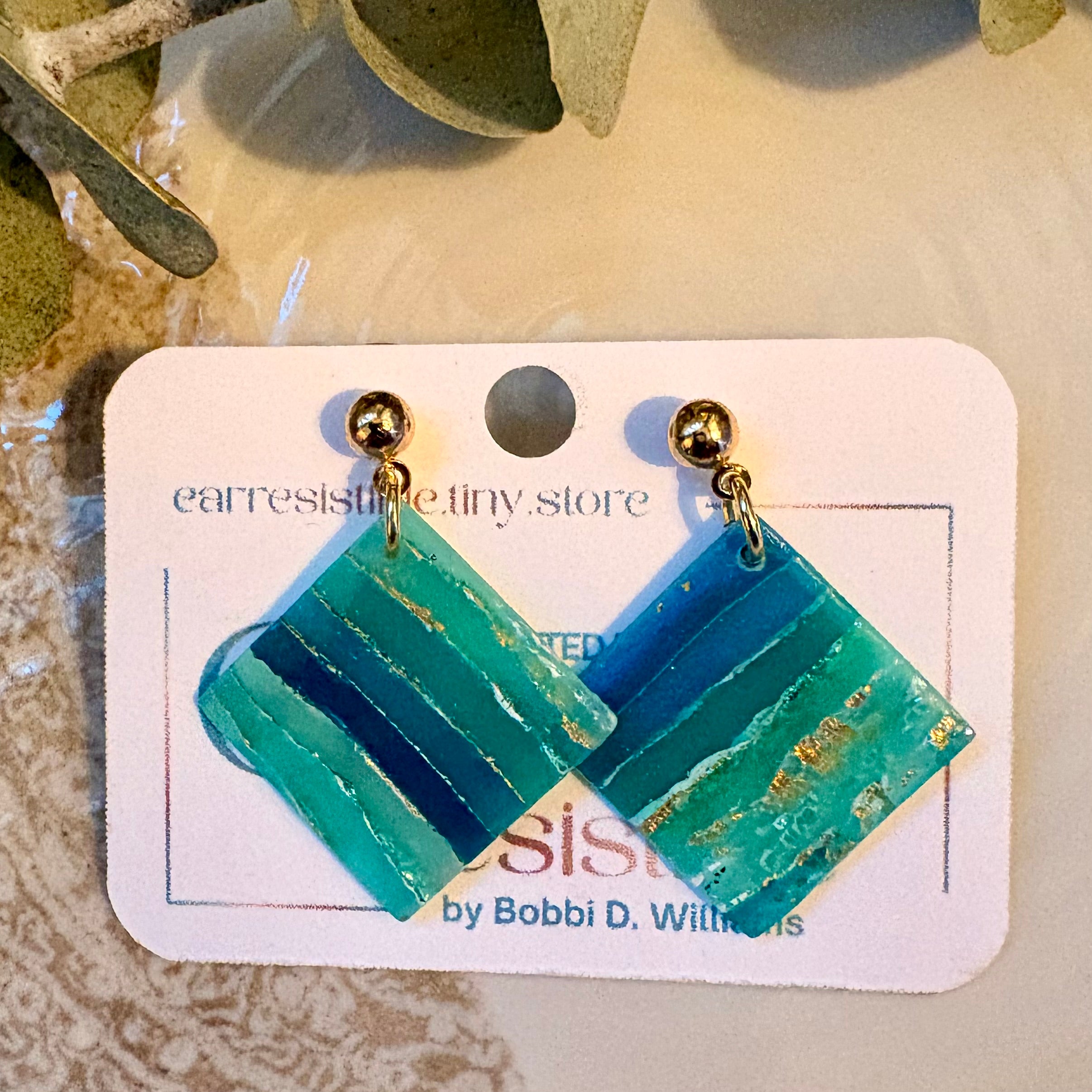 Ball post earrings: translucent shades of teal with gold
