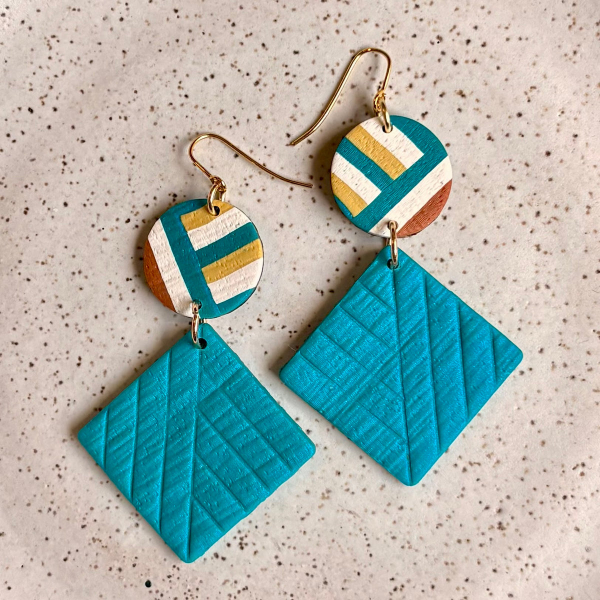 Dangle earrings: teal with cream and mustard stripes