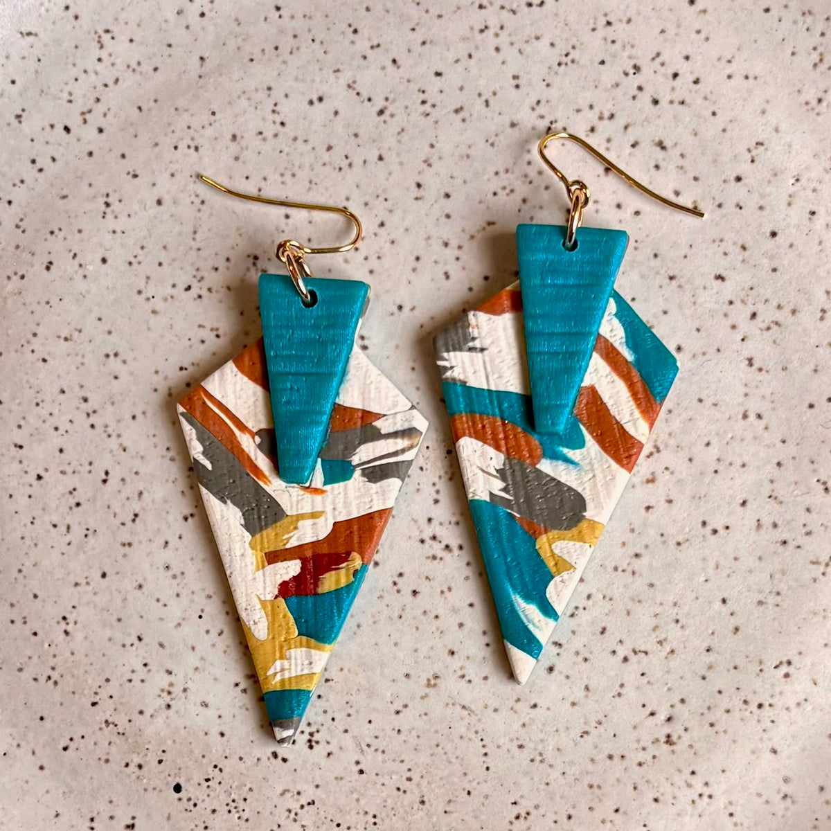 Dangle earrings: teal, cream, olive, mustard arrow