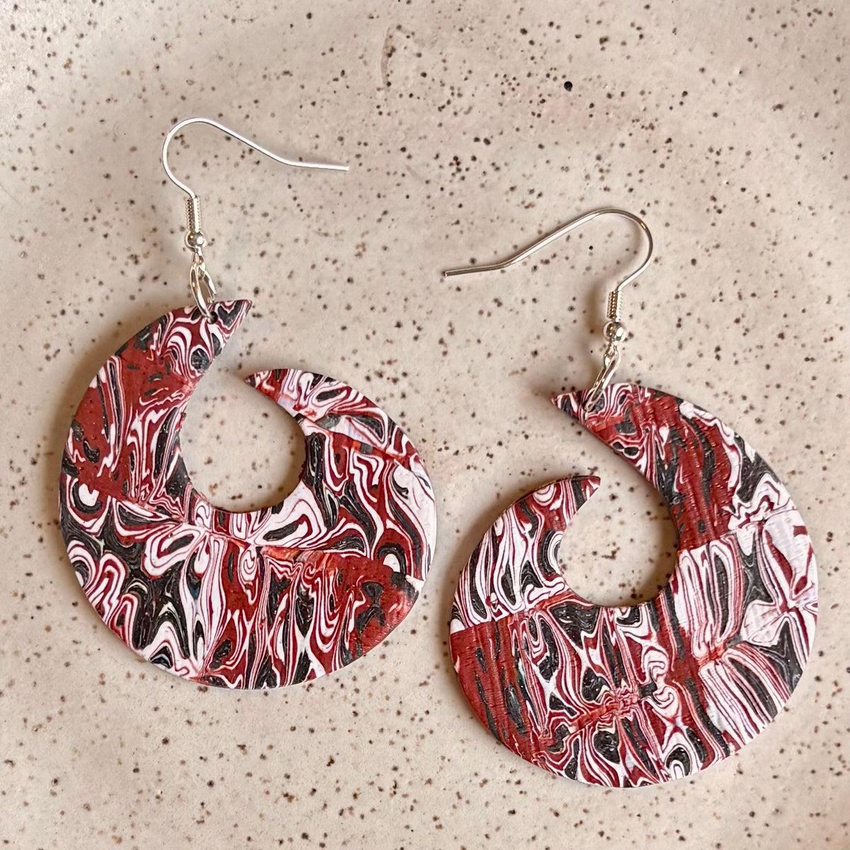 Dangle earrings: burgundy, black, cream swirls