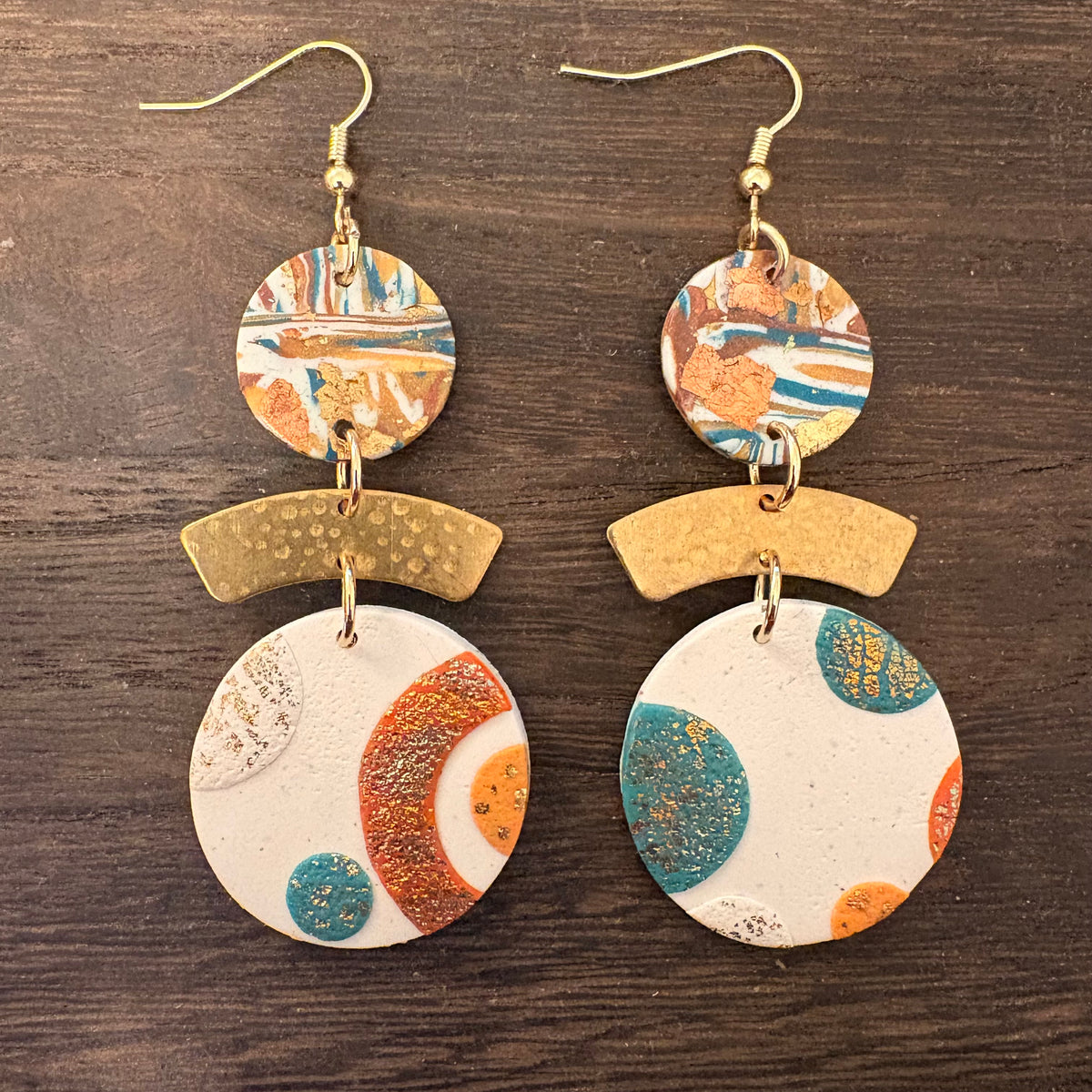 Dangle earrings: cream, teal, copper with gold charm