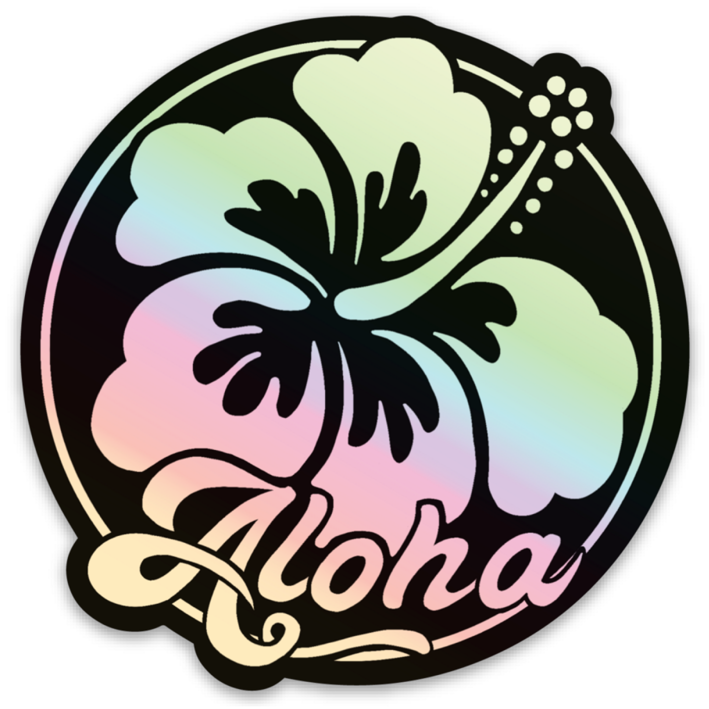 Aloha Hibiscus Round Black Holographic Sticker