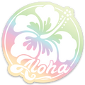 Aloha Hibiscus Round White Holographic Sticker
